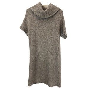 LL Bean Signature Wool Dress Short Sleeve Sweater Dress Cowl Neck Beige Medium